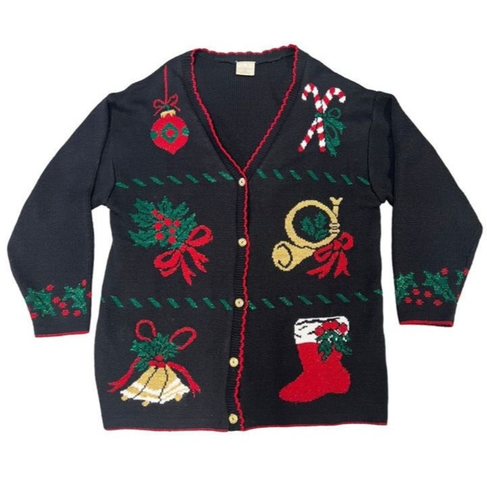 Vintage Style Studio Ugly Christmas Metallic Black Red Gold Cardigan Sweater 1X